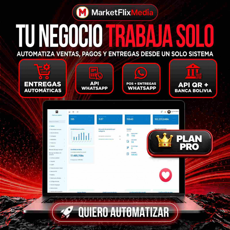 PANEL TIENDA MARKETFLIXMEDIA + API WHATSAPP + API QR BOLIVIA + API BINAN + SISTEMAS ENTREGAS, PÒST, AFILIADOS